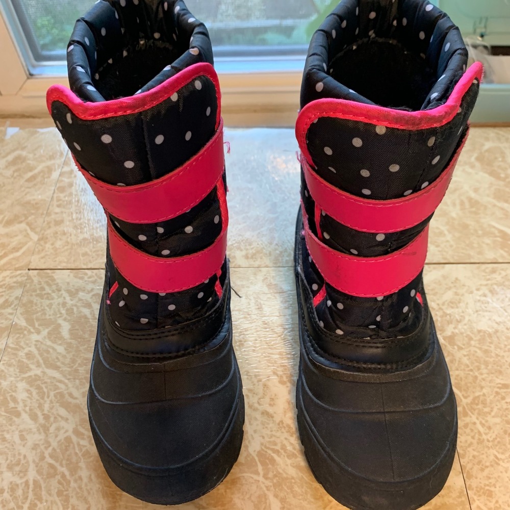 Wonder Nation Girls Snow Boots Size 1 Black Pink Polka Dot Heart Straps Warm